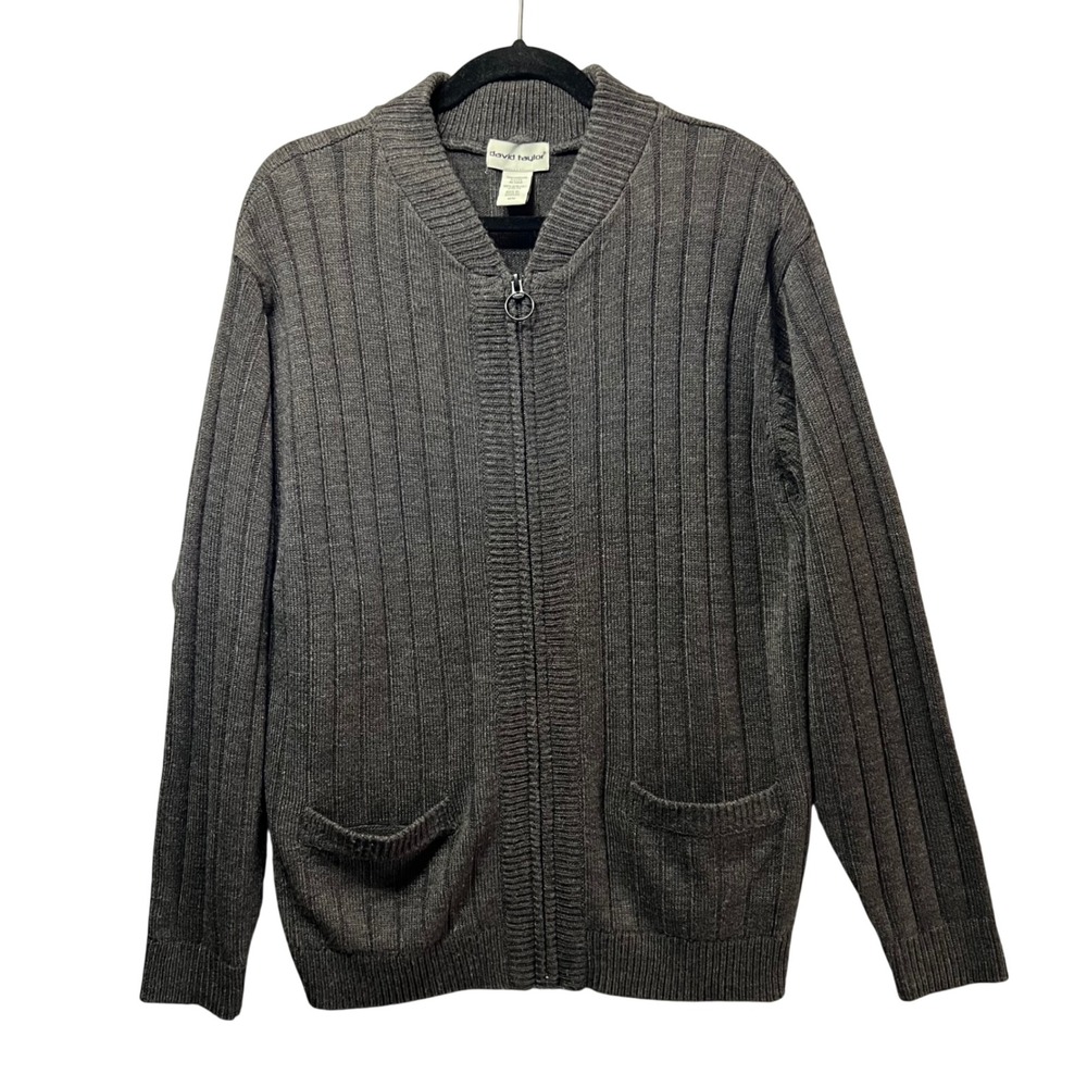 David Taylor Mens Zip Up Cardigan Sweater Medium Ribbed Knit Pockets‎ Gray